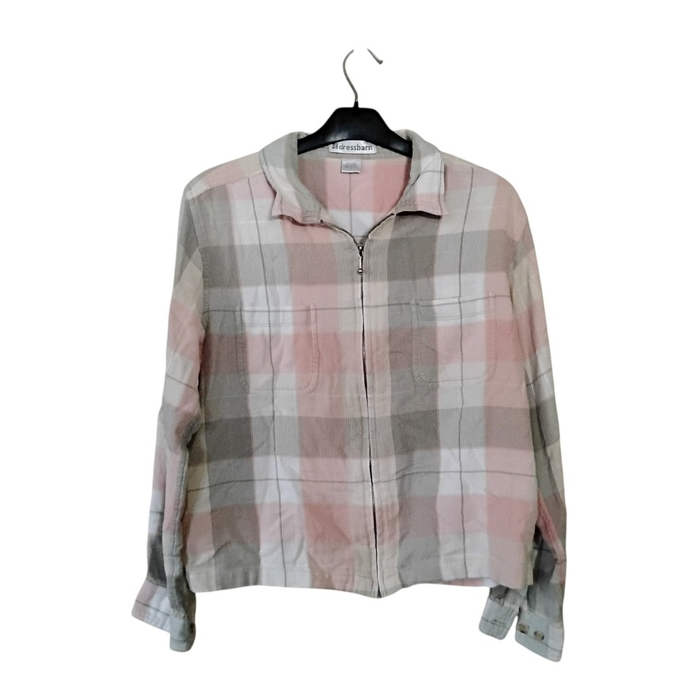 Dressbarn Womens Large Pink Grey Plaid Corduroy Zip Up Shirt Jacket 100% Cotton